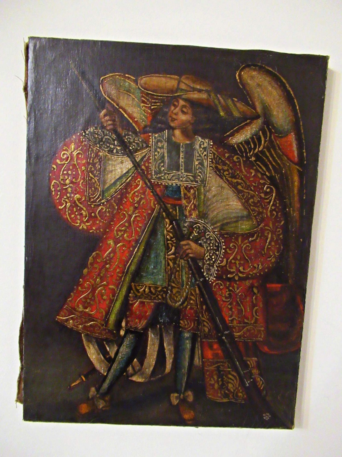 VTG CUZCO PERU RELIGIOUS OIL on CANVAS PAINTING ANGEL ARCABUCERO 15.5" x  11.5"