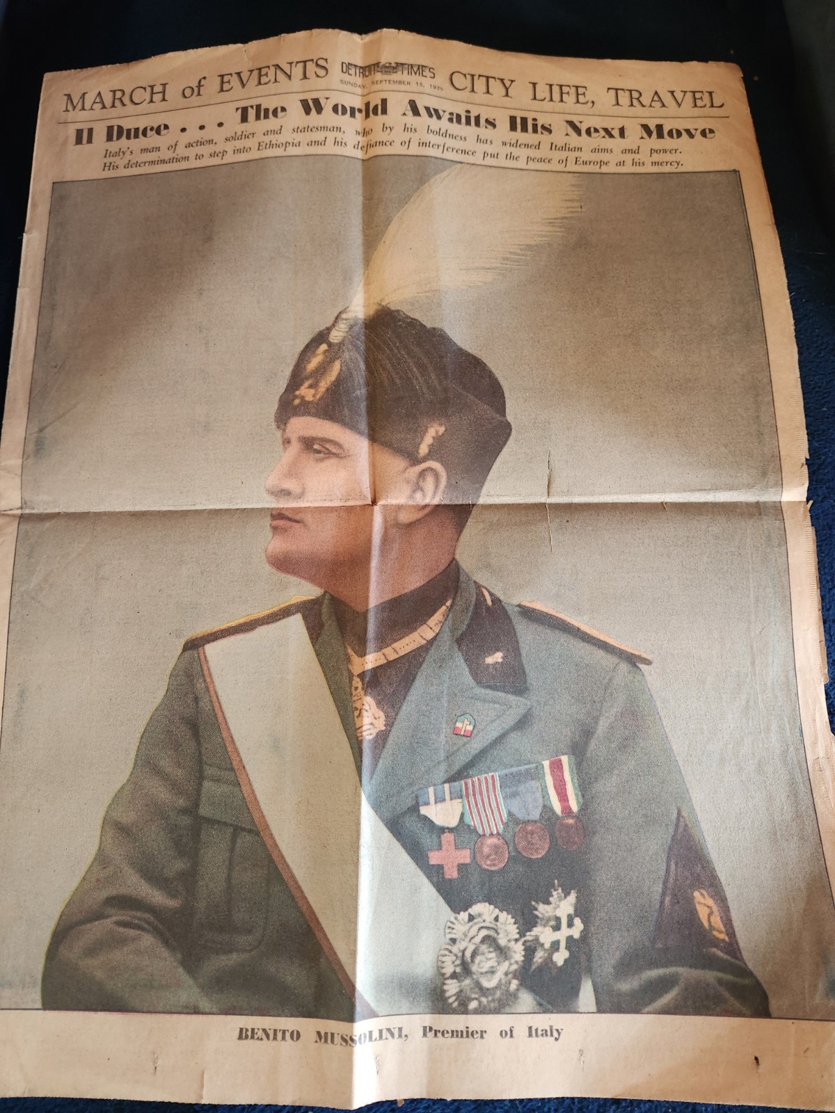1935 Detroit Times Benito Mussolini Full Color Newspaper Aticle 1935 Detroit Times Benito Mussolini Full Color Newspaper Aticle