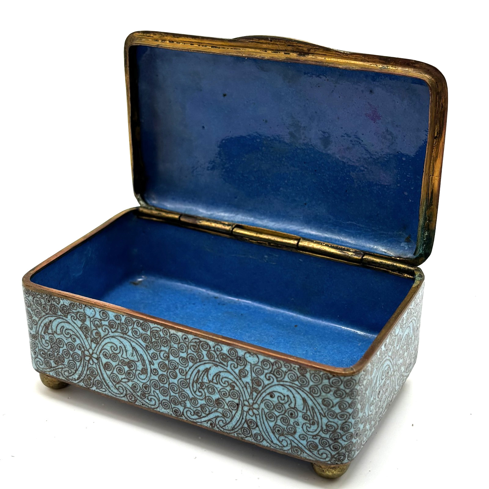 Antique Chinese Cloisonne Enamel Footed Trinket Box Turquoise/Blue 4x2.5x1.75"