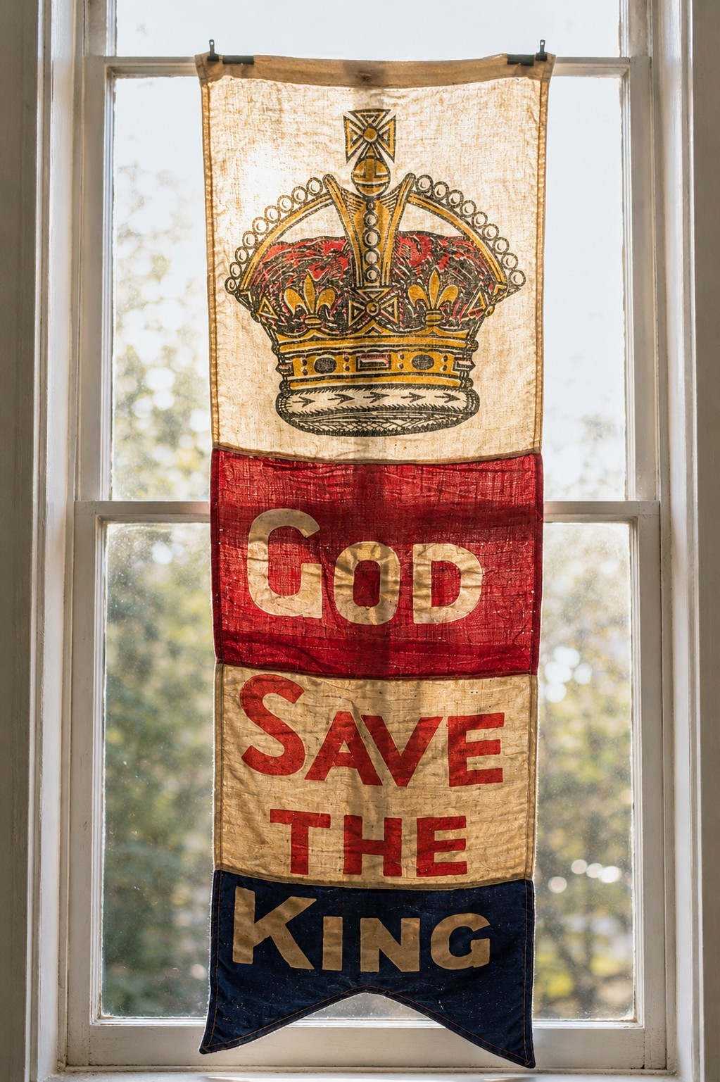Vintage God Save The King Textile Banner Flag Crown Brit Royalty 64" x 15" RARE Vintage God Save The King Textile Banner Flag Crown Brit Royalty 64" x 15" RARE