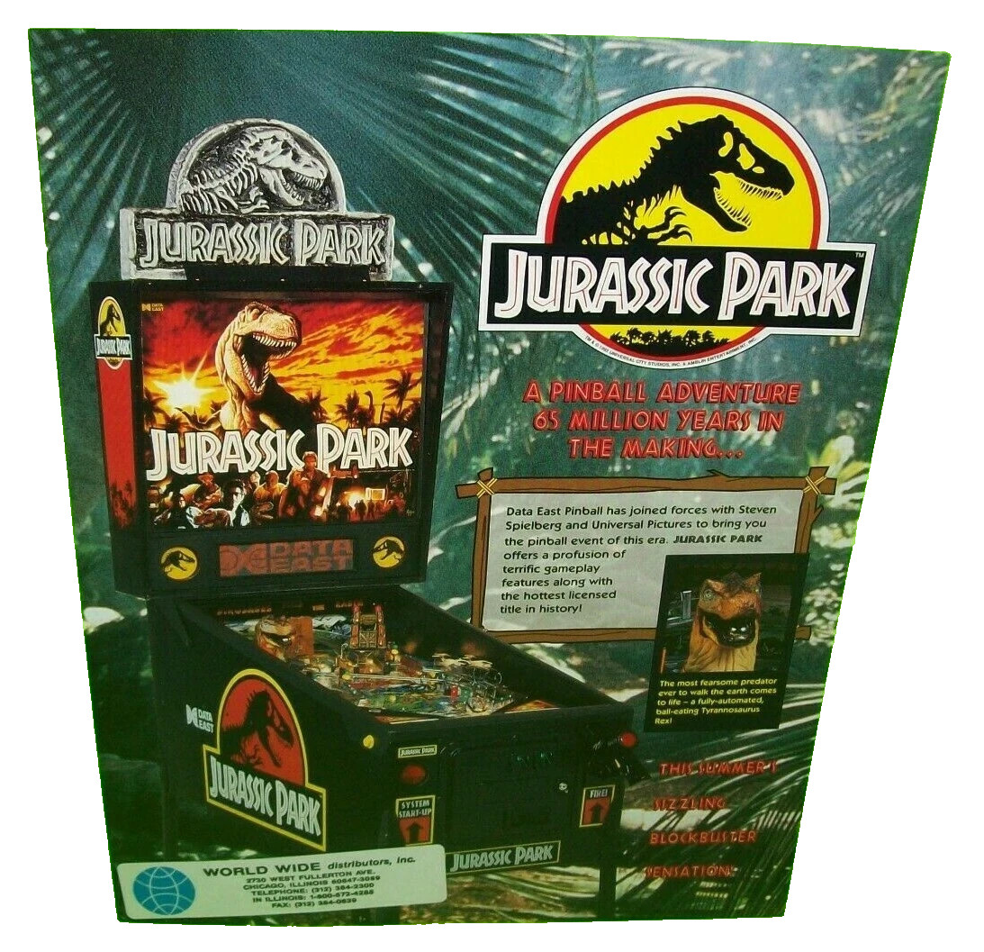 Jurassic Park Pinball Flyer Original 1993 Dinosaur Vintage Art Jurassic Park Pinball Flyer Original 1993 Dinosaur Vintage Art