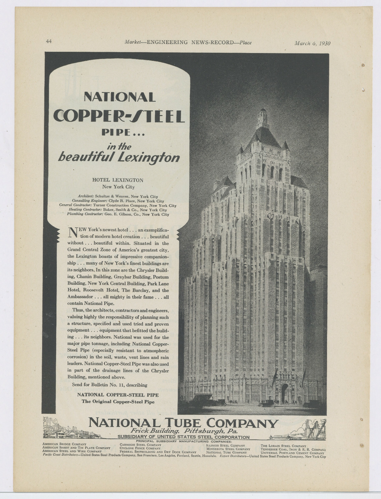 1930 National Tube Ad: Hotel Lexington, New York City - Nice Artist's Rendering 1930 National Tube Ad: Hotel Lexington, New York City - Nice Artist's Rendering