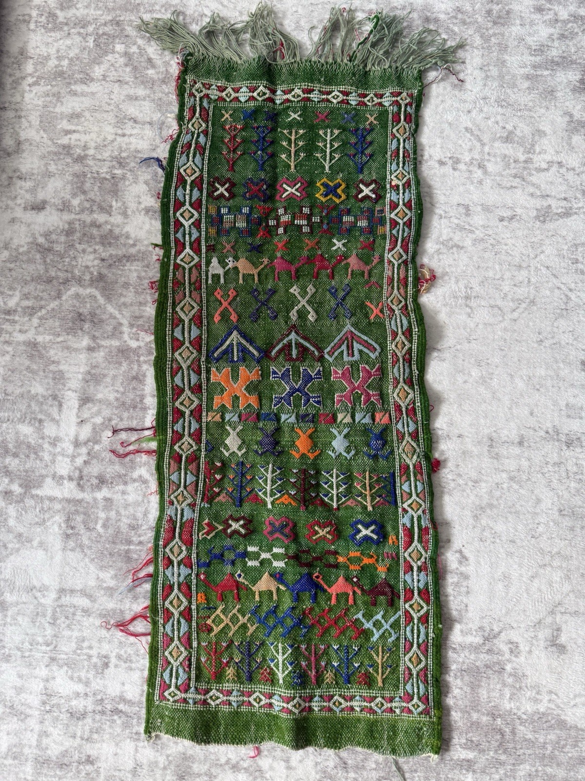 Vintage Hand Embroidered Tribal Textile Runner Wall Hanging Camels Green 37x14” Vintage Hand Embroidered Tribal Textile Runner Wall Hanging Camels Green 37x14”