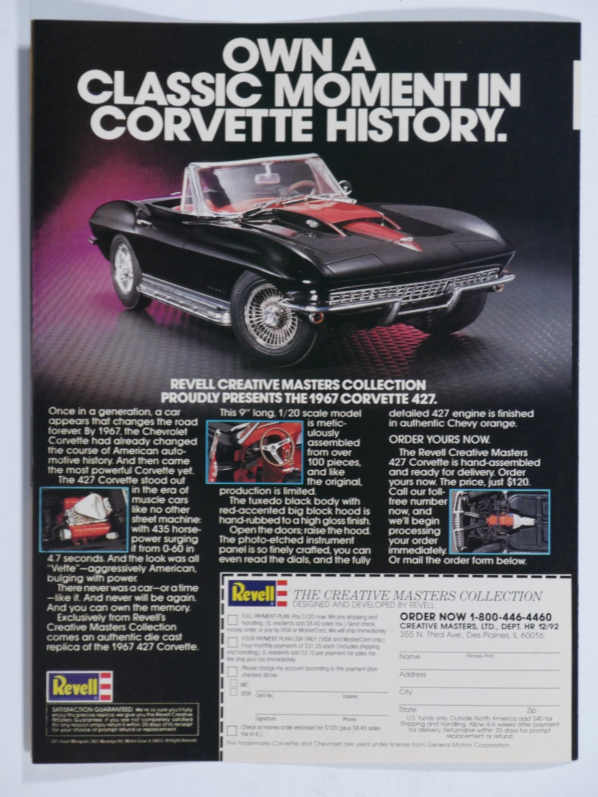 1991 Revell Toy Cars 1967 Corvette Vintage Original Print Ad