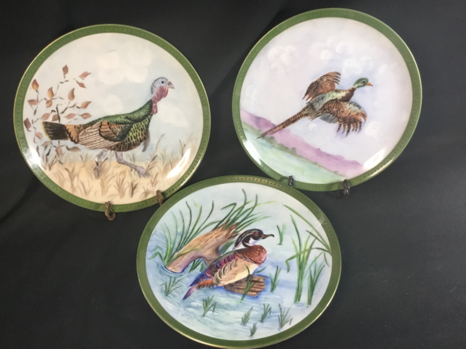 Antique Bavarian Porcelain Gamebirds HandPainted & Artist Signed Trio of Plates