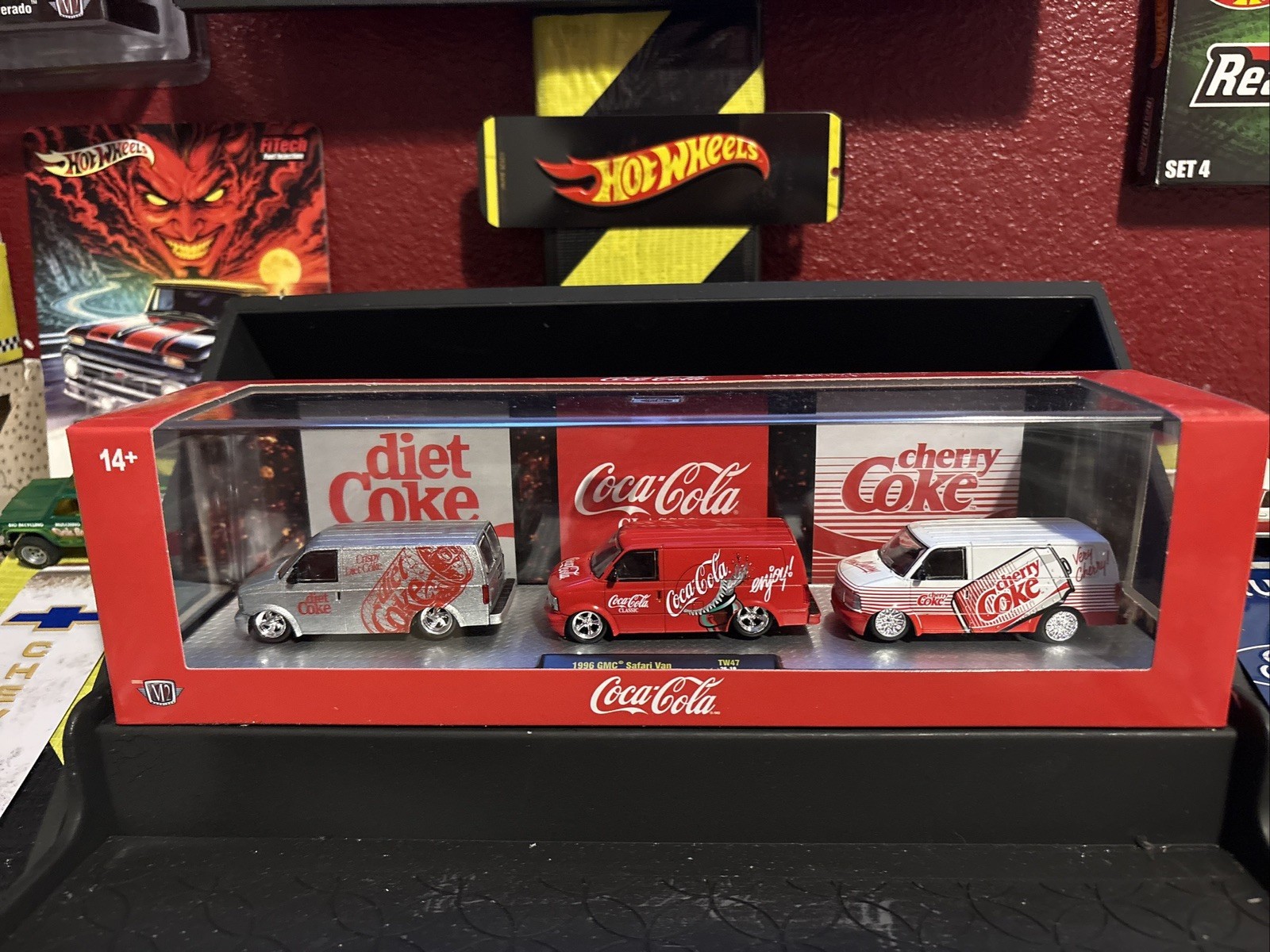 Coca-Cola M2 Diecast 1996 GMC Safari Van 3-Pack w/ Display Case Diet/Cherry Coca-Cola M2 Diecast 1996 GMC Safari Van 3-Pack w/ Display Case Diet/Cherry