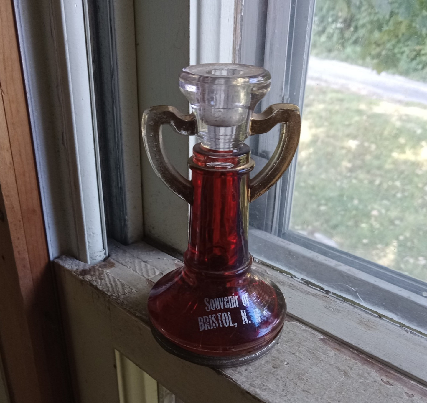 ANTIQUE RUBY STAINED GLASS SOUVENIR OF BRISTOL,NH CANDY CONTAINER CANDLESTICK ANTIQUE RUBY STAINED GLASS SOUVENIR OF BRISTOL,NH CANDY CONTAINER CANDLESTICK