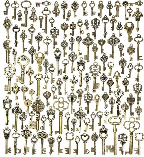 125pc Vintage Skeleton Keys Bulk Antique Bronze Charms Pendant DIY Jewelry.