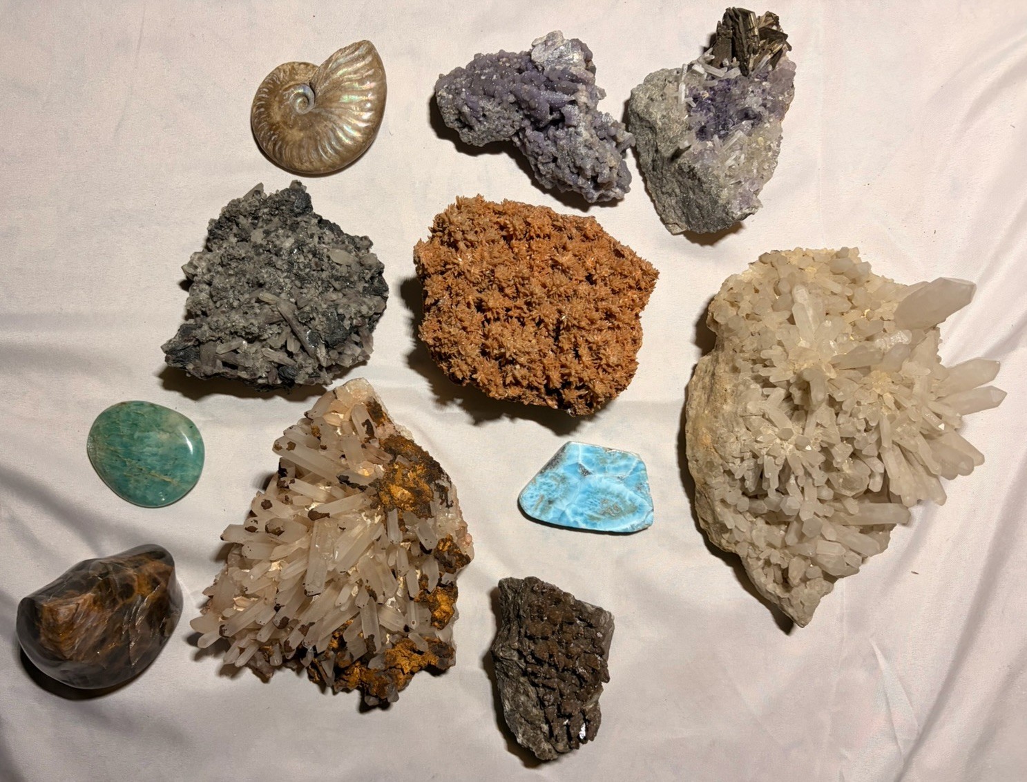 11PC Mixed Crystal & Mineral Specimen Lot - Clear Quartz, Larimar, Ammonite 11PC Mixed Crystal & Mineral Specimen Lot - Clear Quartz, Larimar, Ammonite