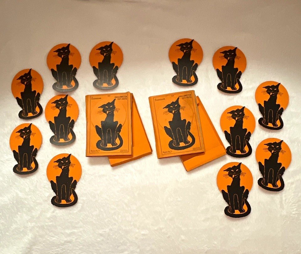 Two Sets of Antique Dennison's Halloween Black Cat Cut-Outs Orange & Black Paper Two Sets of Antique Dennison's Halloween Black Cat Cut-Outs Orange & Black Paper