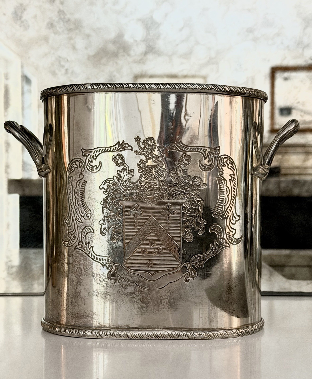 c1900 Antique Silverplate Champagne Wine Caddy Armorial Crest Branch Handles