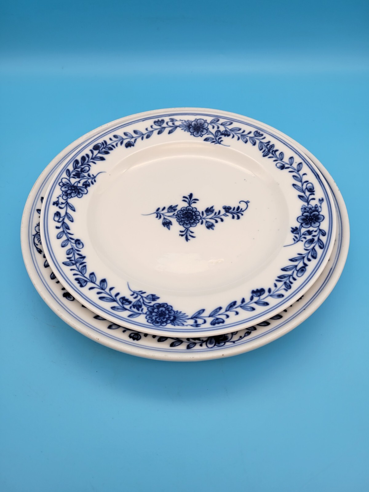 2 RARE 1900 Antique Meissen Neuer White & Blue Floral 9.5" & 8.5" Plates