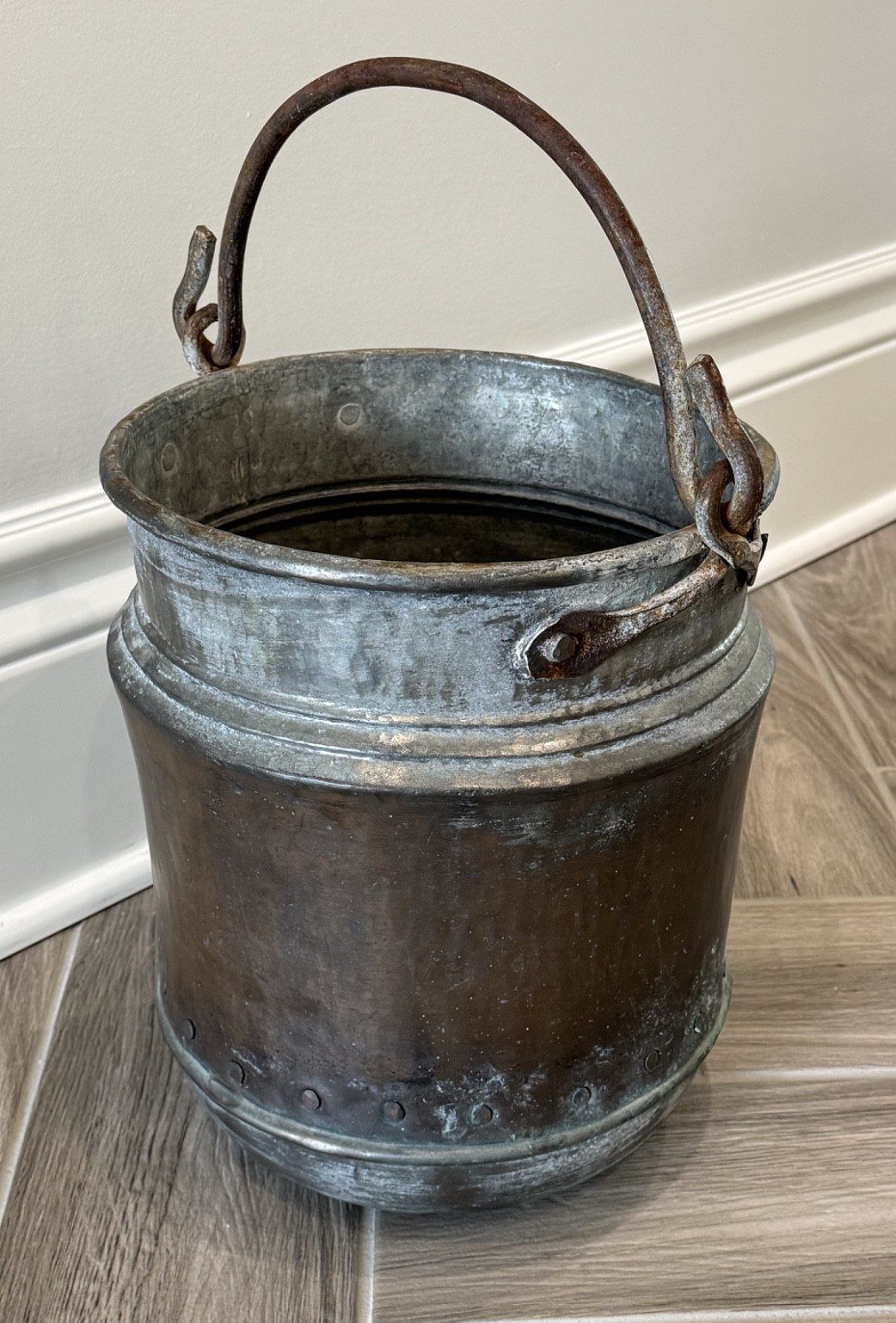 Antique French Hammered Copper Bucket Cauldron Snake Head Handle 19th C. Iron