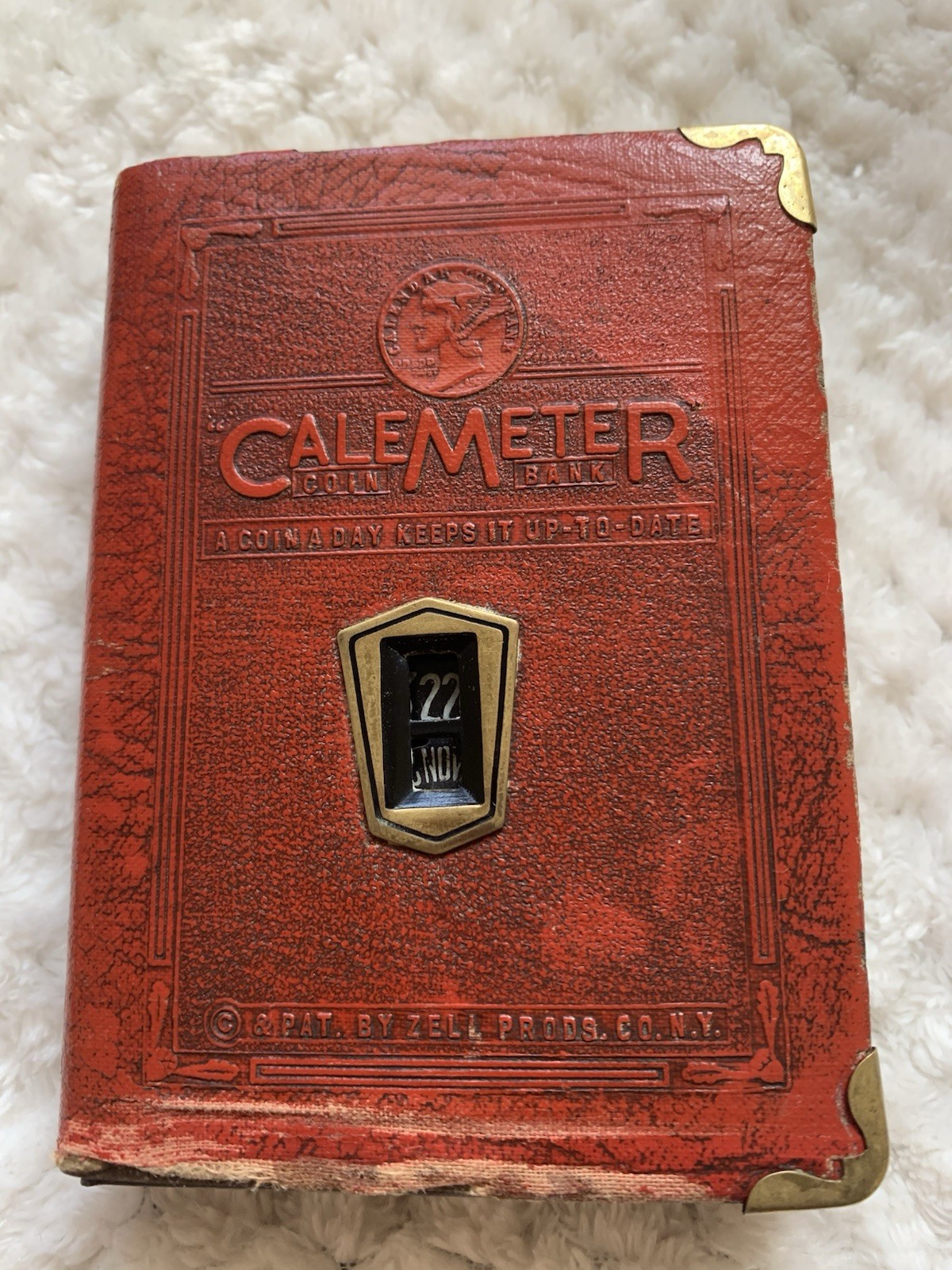 Antique 1920's Book Safe Coin Bank Calemeter, Collectible Banks,Red Orange