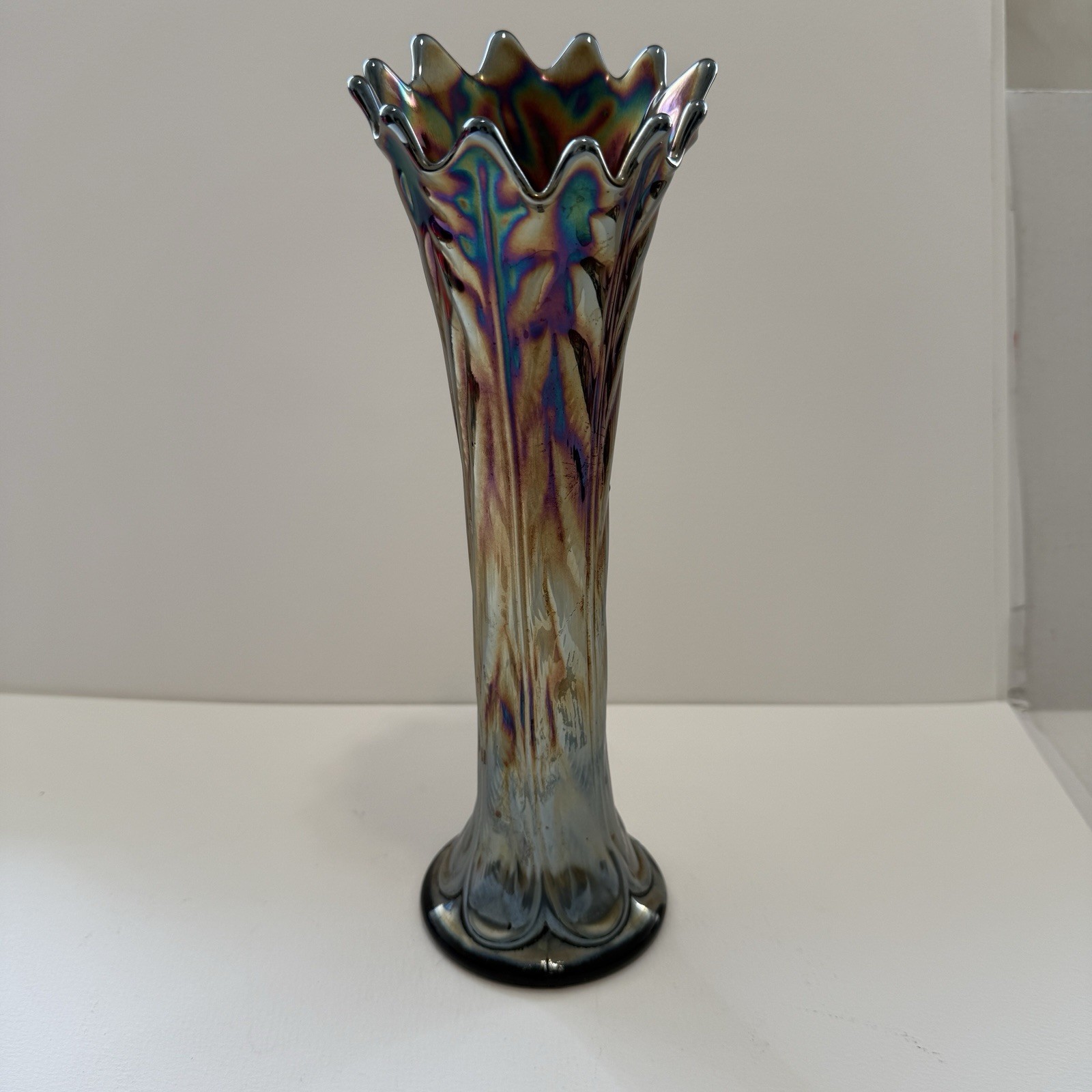 Northwood Leaf Columns Carnival Glass Vase Black Amethyst Iridescent 11.5" Northwood Leaf Columns Carnival Glass Vase Black Amethyst Iridescent 11.5"