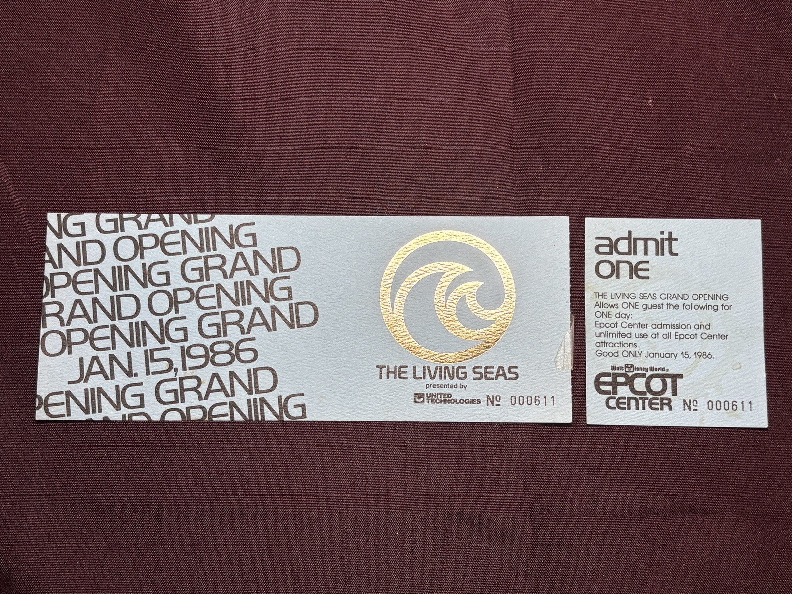 LIVING SEAS 1986 EPCOT Grand Opening Vintage DISNEY World Ticket Pass Prop Rare LIVING SEAS 1986 EPCOT Grand Opening Vintage DISNEY World Ticket Pass Prop Rare