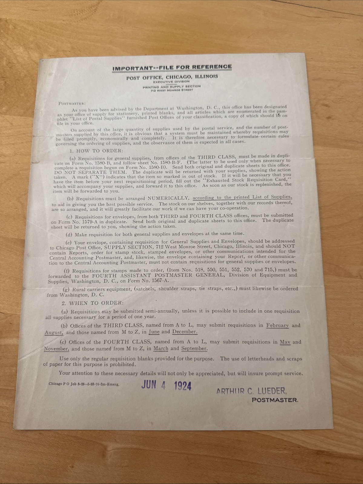 Antique 1924 Chicago Post Office Supply Order Instructions Ephemera Lueder Mayor Antique 1924 Chicago Post Office Supply Order Instructions Ephemera Lueder Mayor
