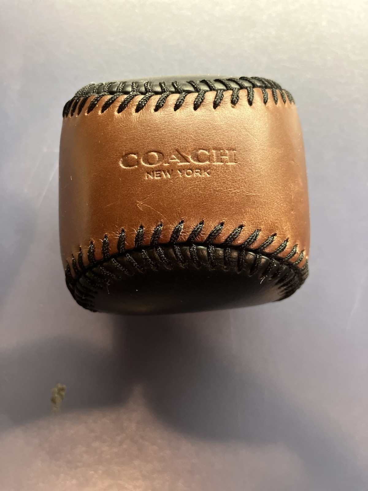Coach New York Leather Baseball Paperweight Black Brown Stitched Leather Coach New York Leather Baseball Paperweight Black Brown Stitched Leather