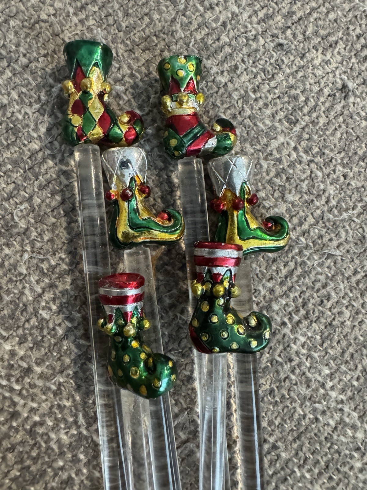 Vintage Christmas Holiday Acrylic Swizzle Sticks Elf Booties Unique
