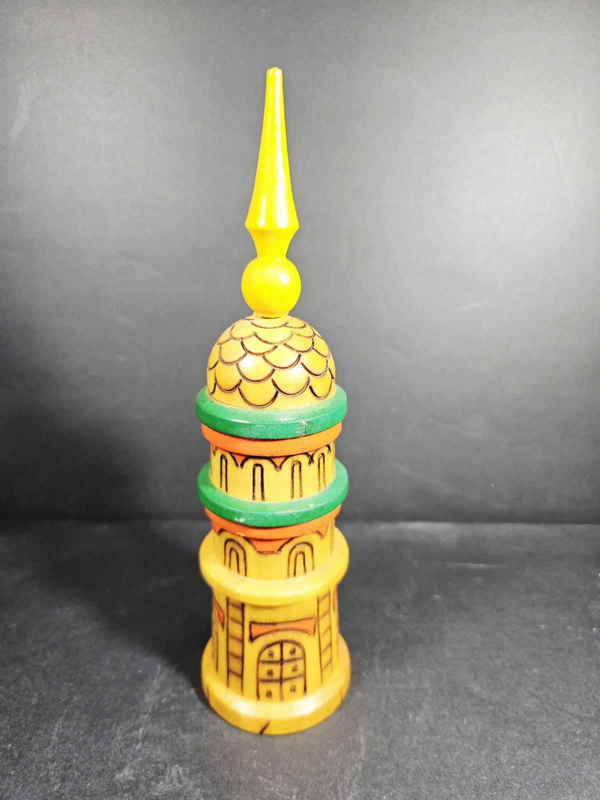 Vintage Russian Wooden Pyrography Tower Home Decor, 8.5"