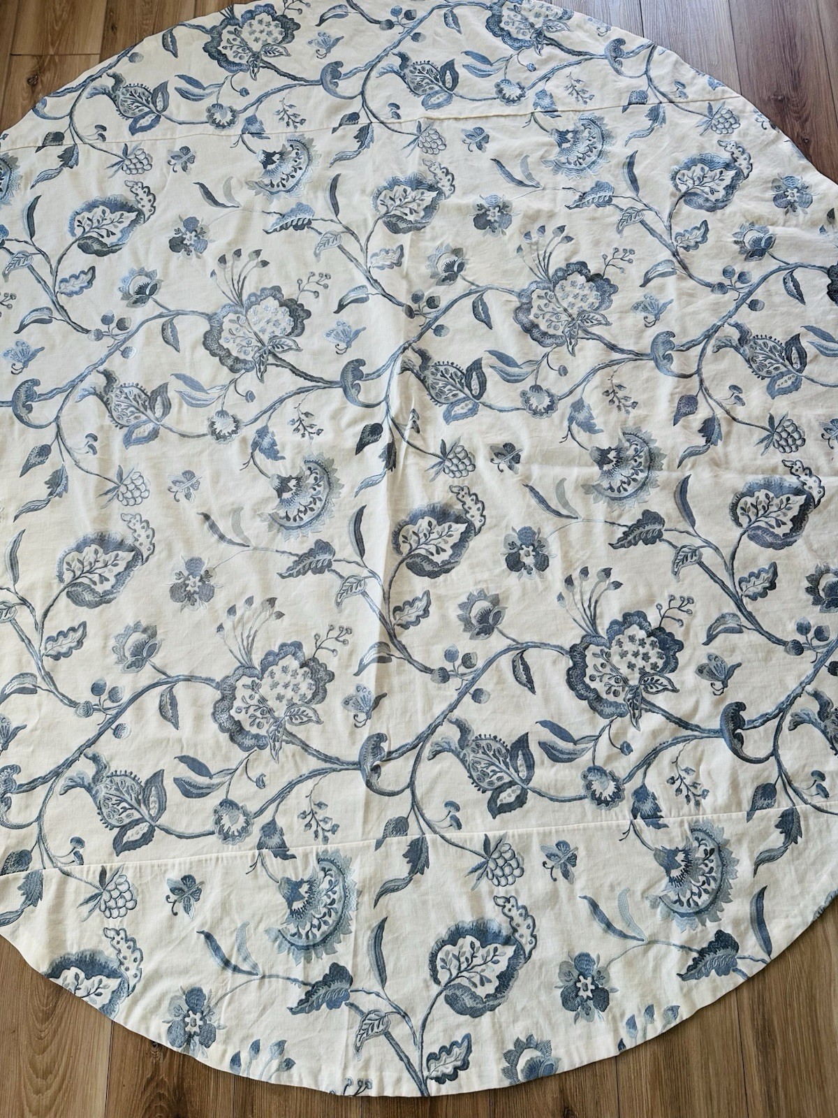 Custom 76" Round Tablecloth Blue Ivory Heavily Embroidered Jacobean Floral