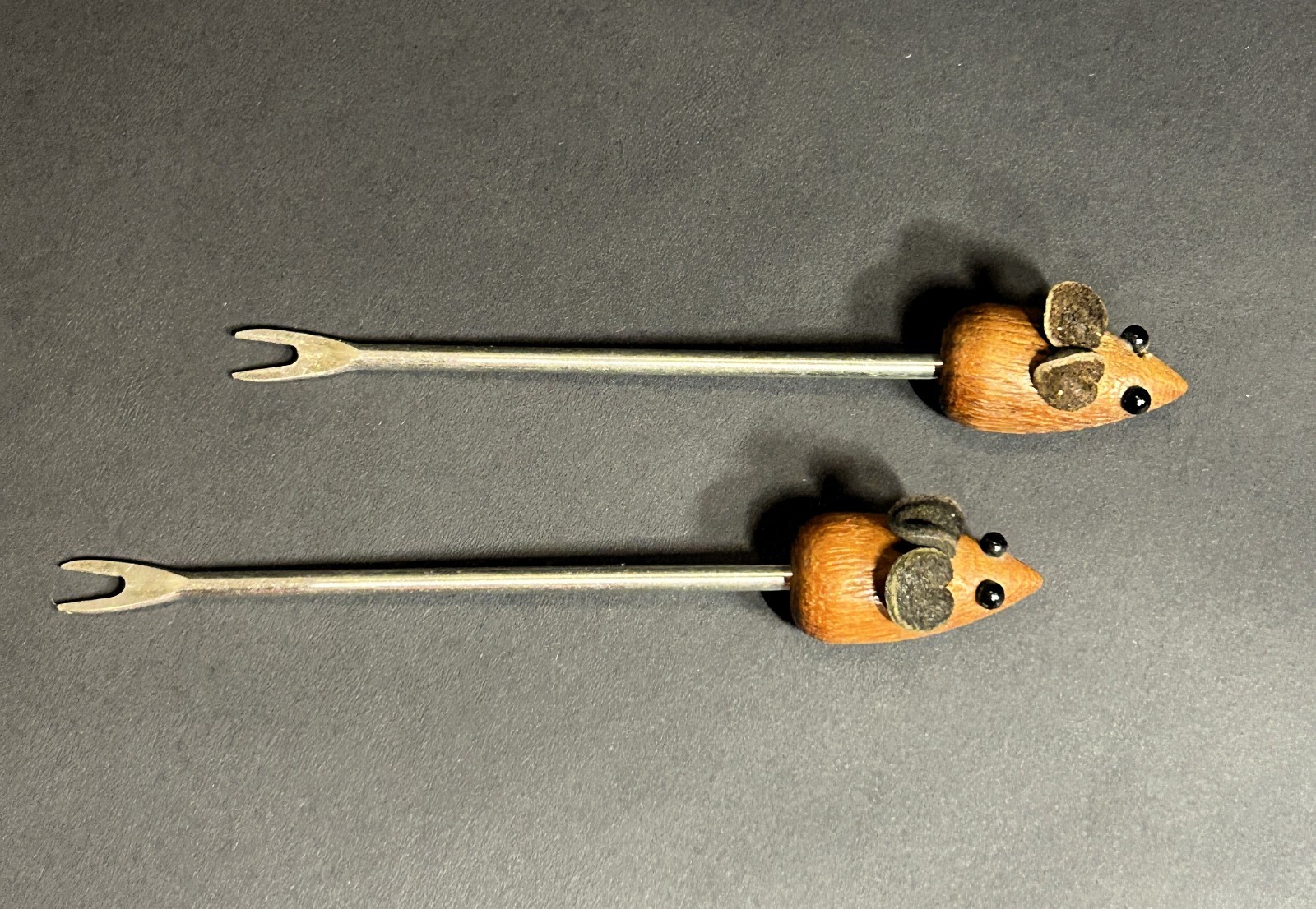 Vintage~Mid-Century Modern~Denmark~Teak & Leather~Mouse Cocktail Picks~Set of 2 Vintage~Mid-Century Modern~Denmark~Teak & Leather~Mouse Cocktail Picks~Set of 2