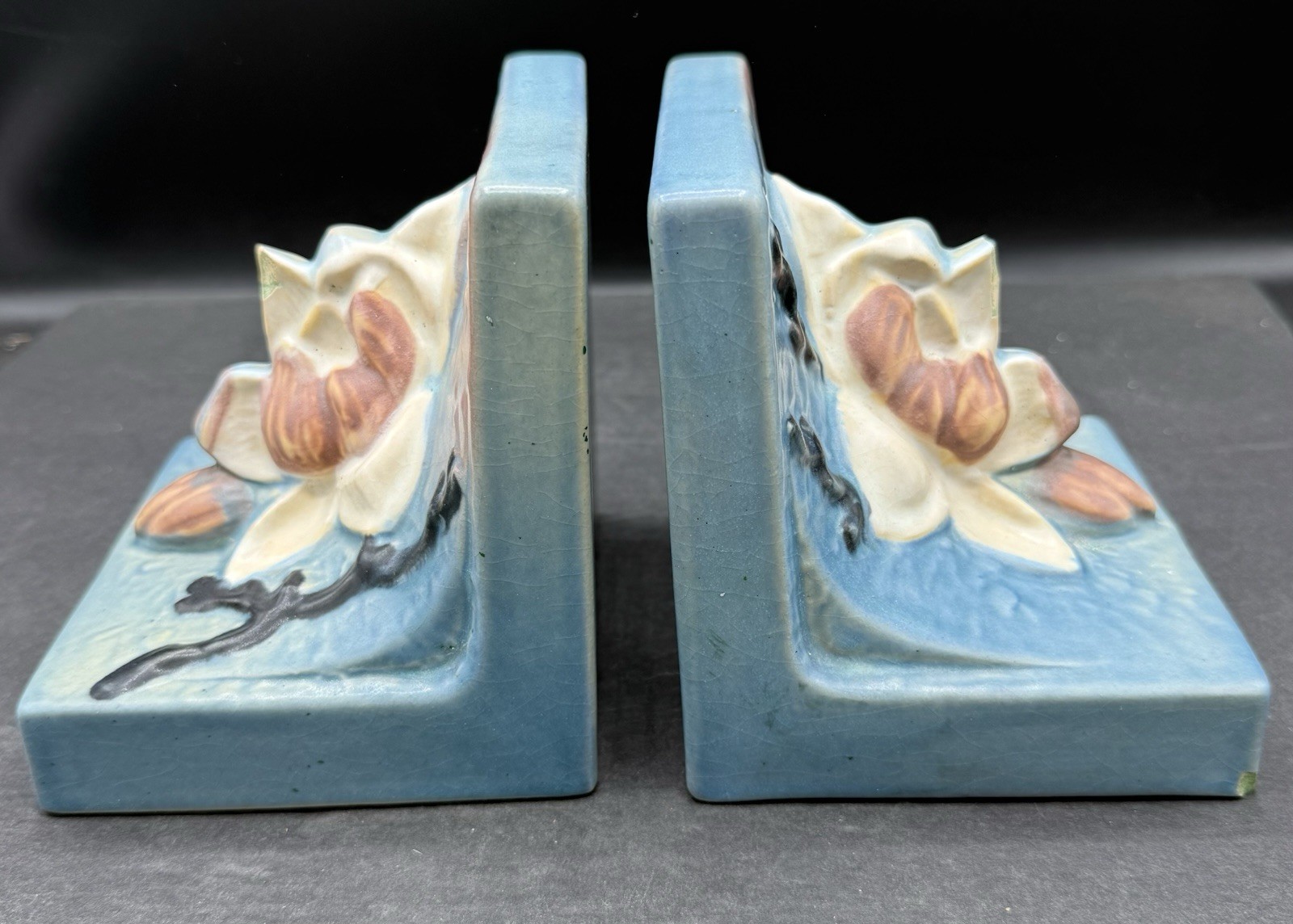 Vintage Roseville Pottery Magnolia Bookends #13 1940's Pair Art Deco Vintage Roseville Pottery Magnolia Bookends #13 1940's Pair Art Deco