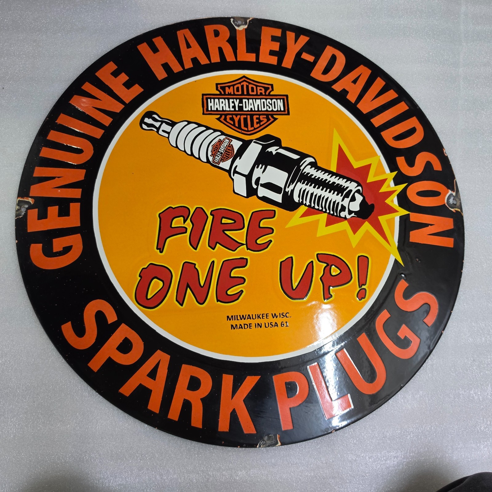 HARLEY SPARK PLUGS 29 X 29 INCHES PORCELAIN ENAMEL SIGN