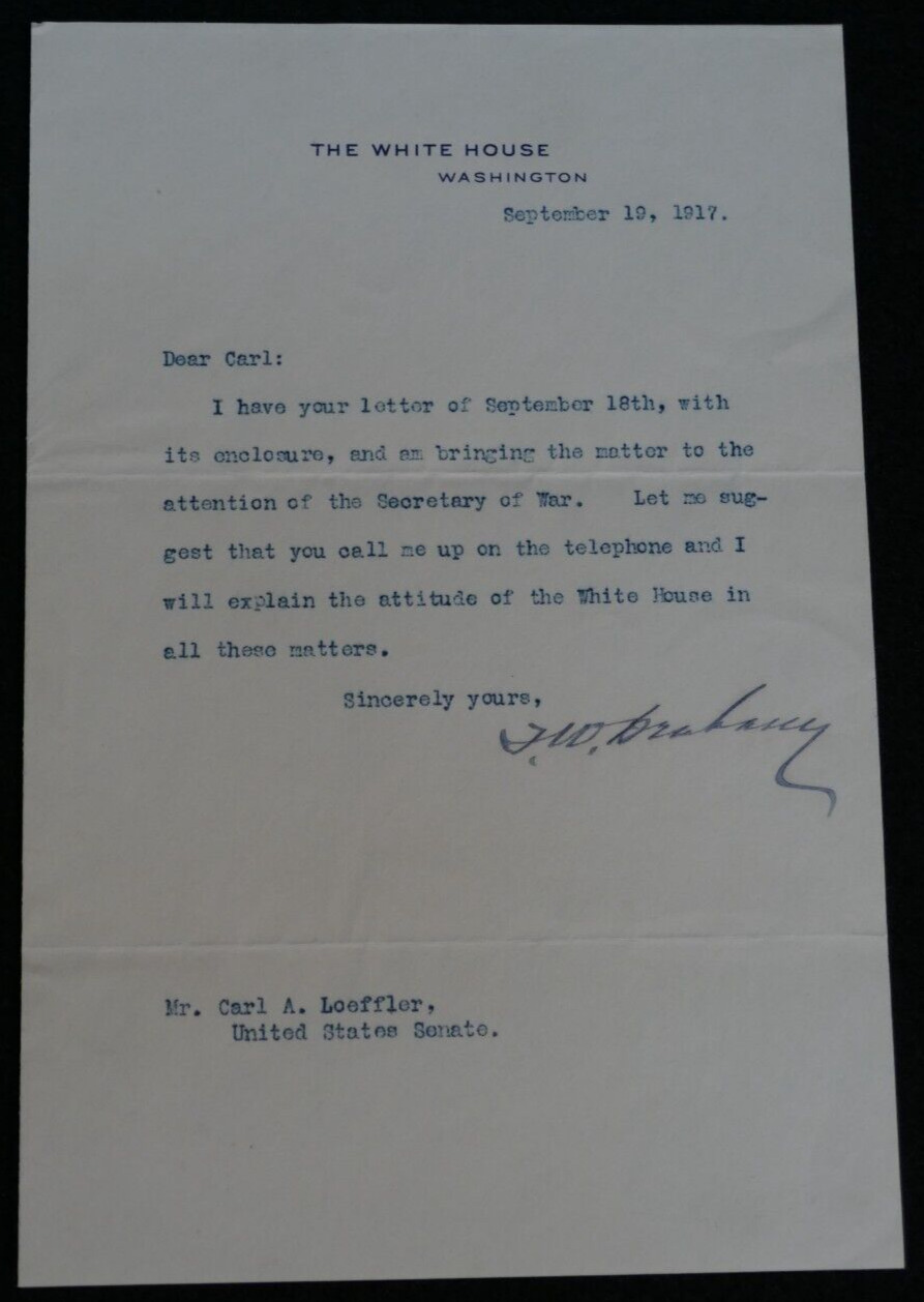 WWI White House Letterhead Correspondence Letter Sept 1917 Senator Carl Loeffler