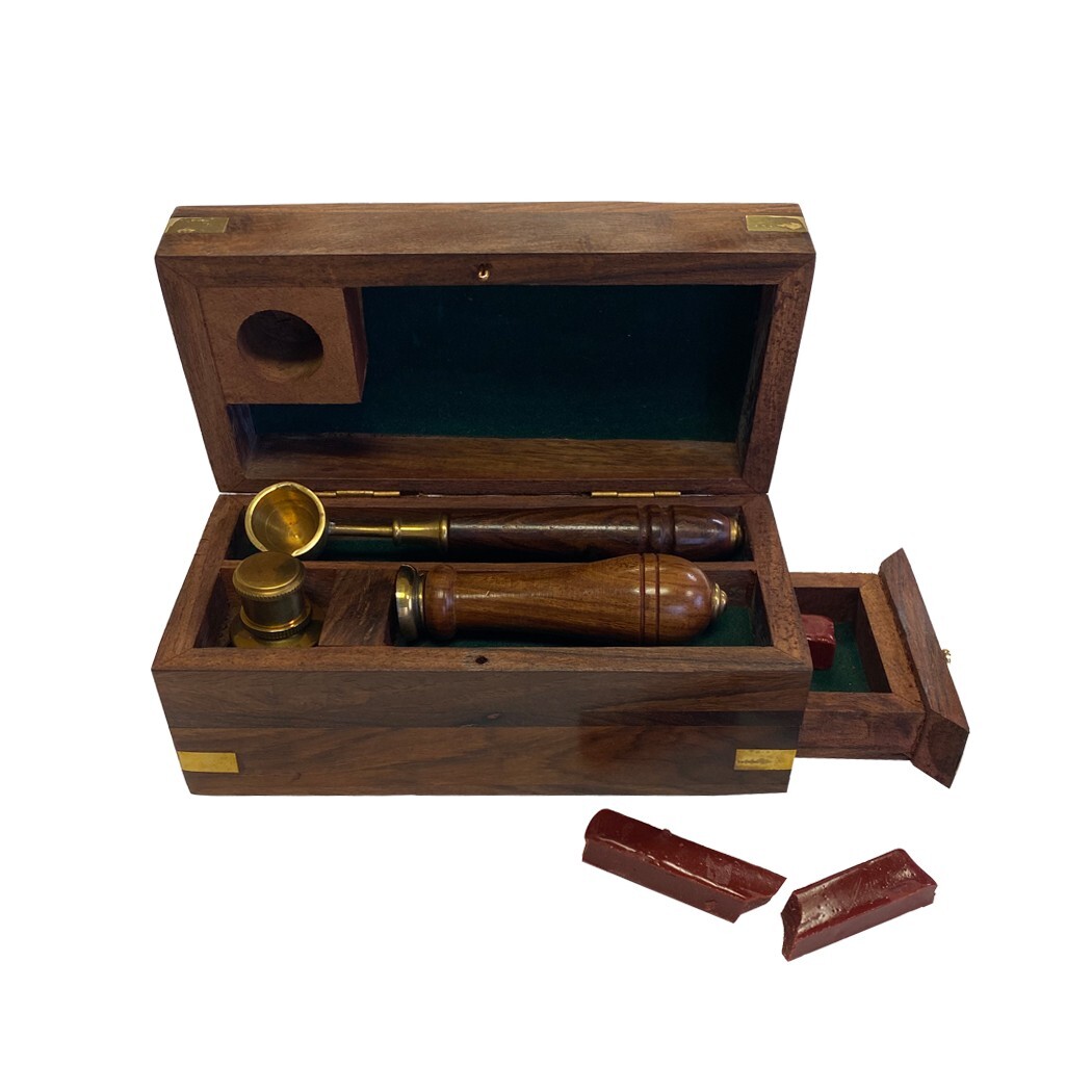 5-1/2" Wax Seal Kit in Wooden Box - Antique Vintage Style Writing Accessories 5-1/2" Wax Seal Kit in Wooden Box - Antique Vintage Style Writing Accessories