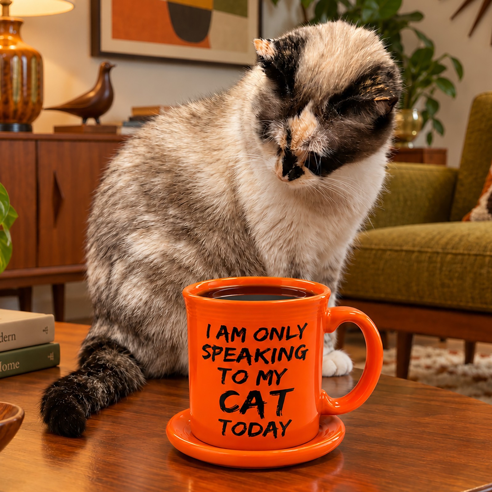 Homer Laughlin Fiesta I'm Only Speaking to My Cat Today 12 Oz Java Mug & Coaster