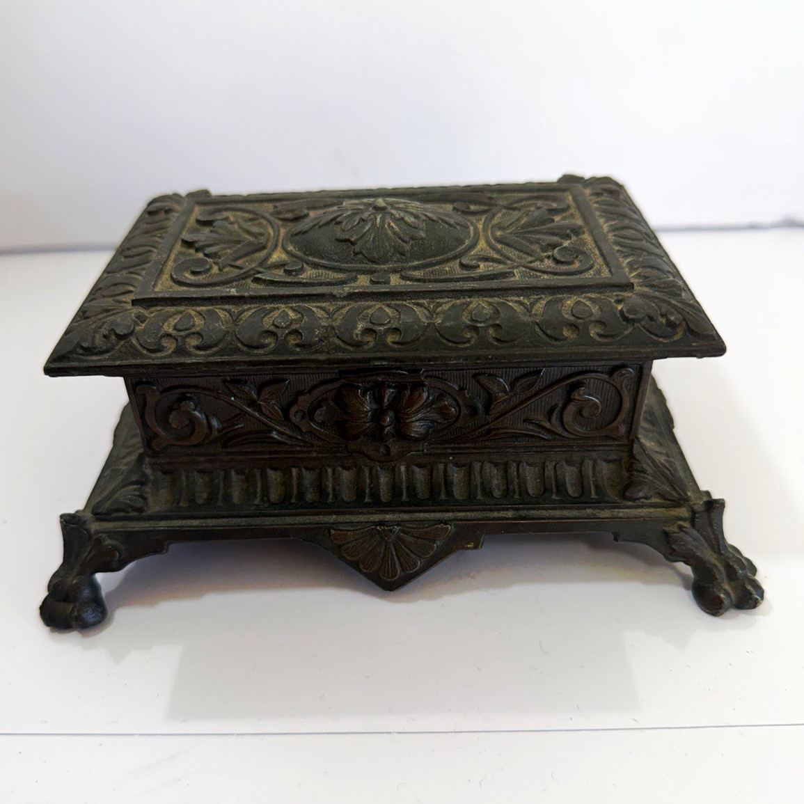 Antique Solid Brass Stamp Box Heavy 2.2lb Art Nouveau Footed Desk Postal Casket