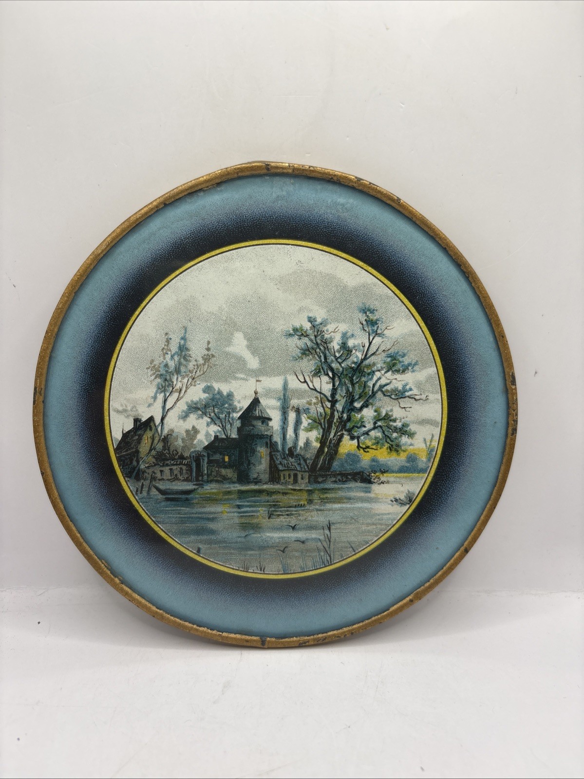 Antique Glass Flue Cover Castle River Landscape Victorian Chimney Hole Cover 5 “ Antique Glass Flue Cover Castle River Landscape Victorian Chimney Hole Cover 5 “