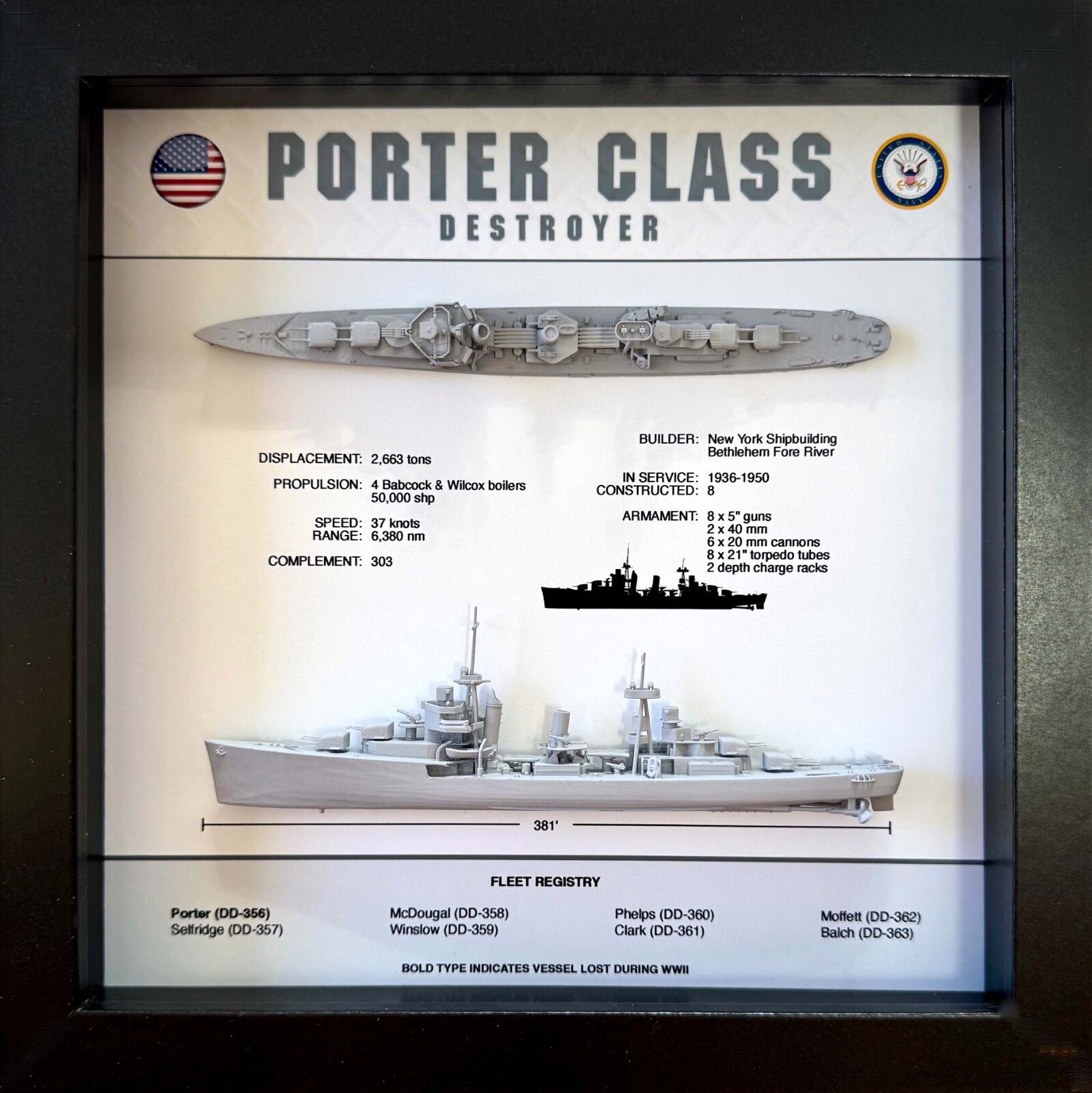 Porter Class Destroyer Memorial Display Box, WW2, 9" x 9" Porter Class Destroyer Memorial Display Box, WW2, 9" x 9"