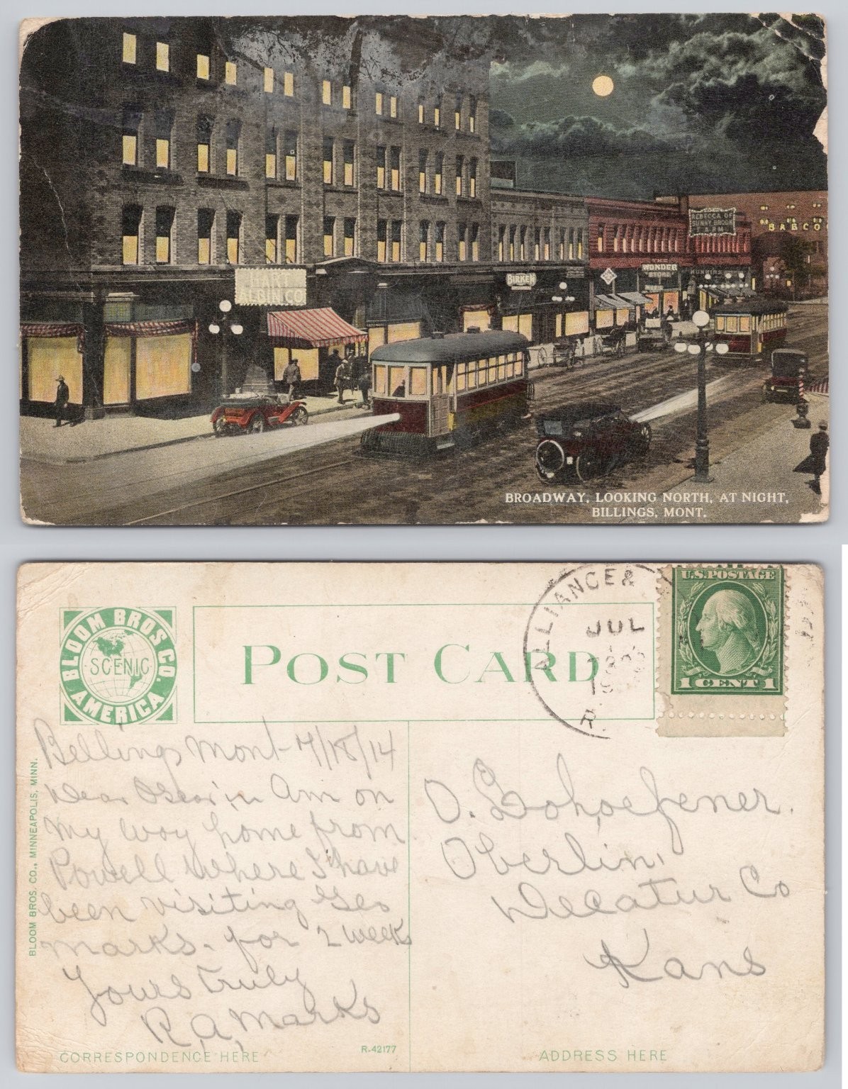 1914 Billings MT Broadway Night Scene Tram Cars Streetlights Postcard 1914 Billings MT Broadway Night Scene Tram Cars Streetlights Postcard