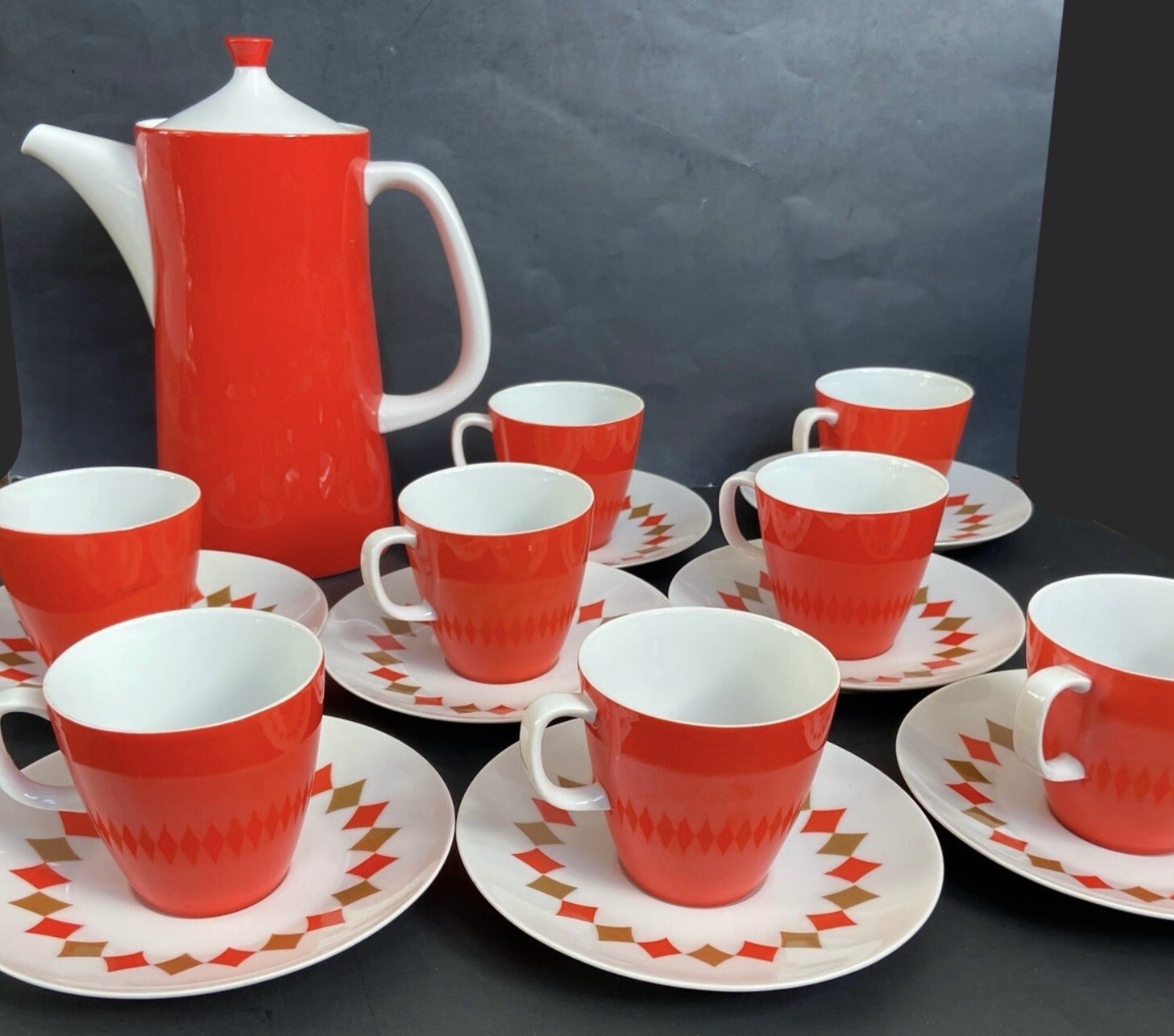 SANGO GUINEVERE Coffee Set MCM ATOMIC Diamonds 8 Cups Saucers Pot Lid SANGO GUINEVERE Coffee Set MCM ATOMIC Diamonds 8 Cups Saucers Pot Lid