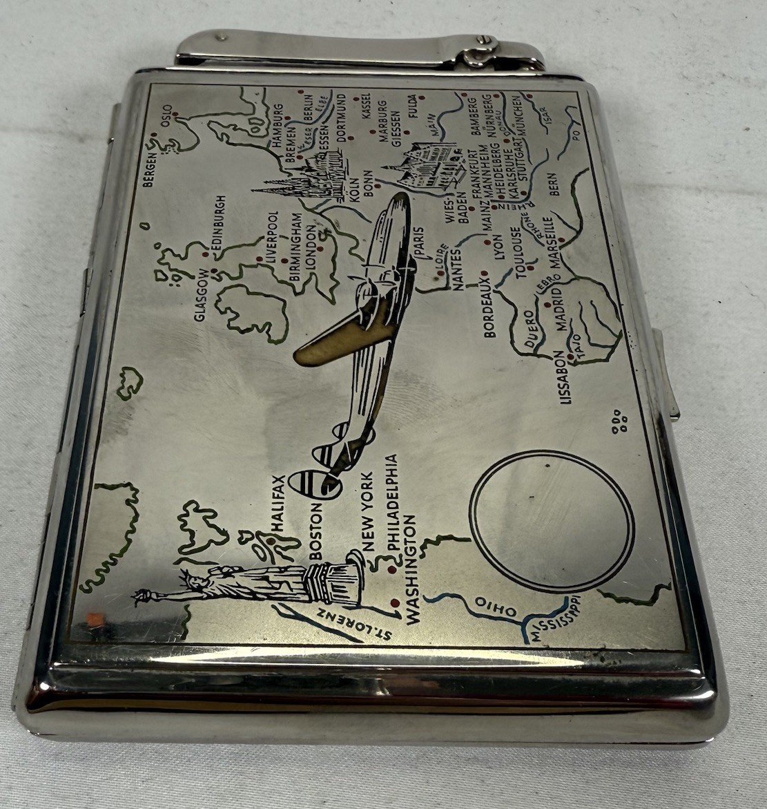 Vintage Metal Ibelo Monopol Cigarette Case w/ Built In Lighter Chrome 1950s Vintage Metal Ibelo Monopol Cigarette Case w/ Built In Lighter Chrome 1950s