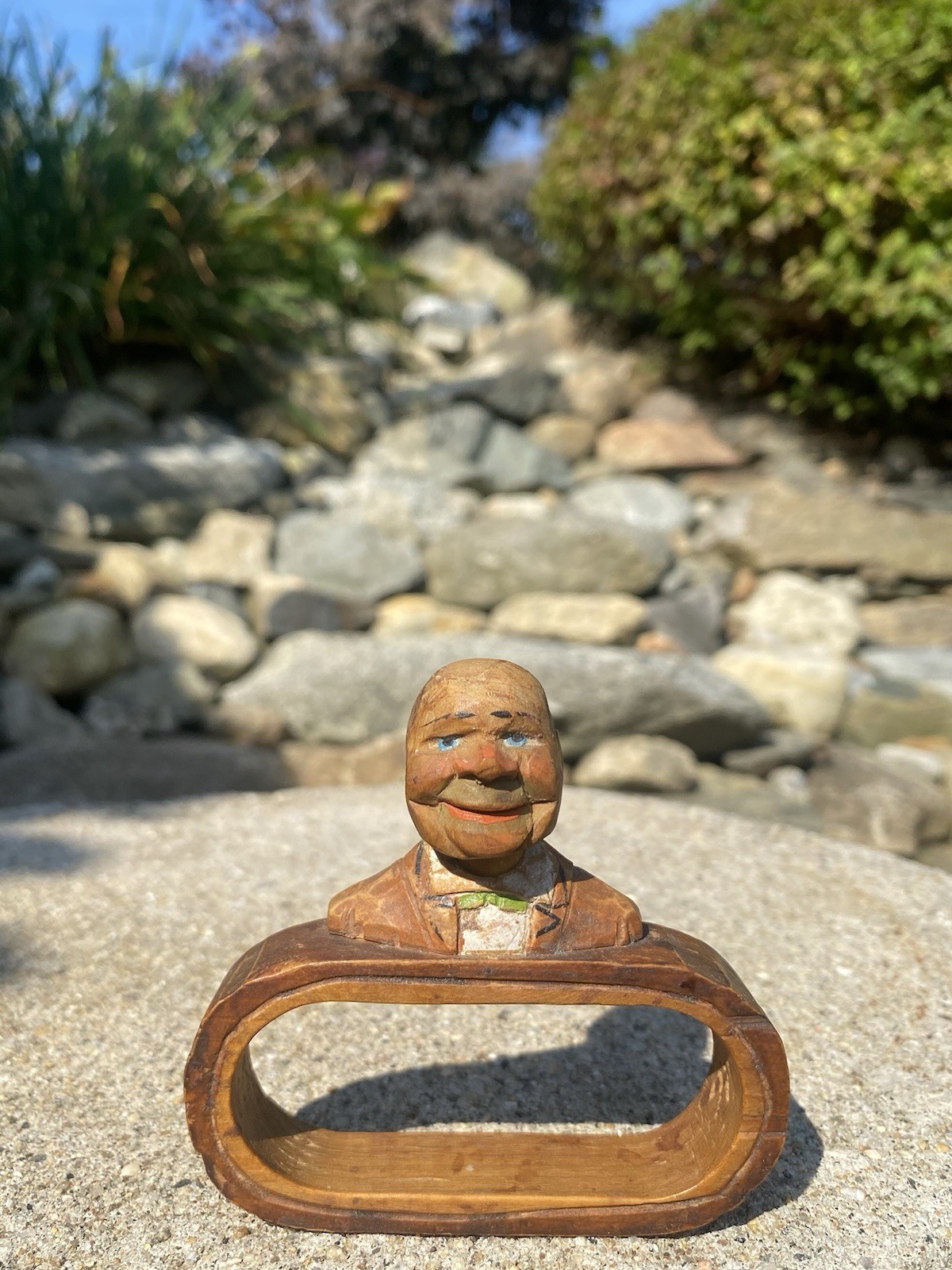 Antique Anri Hand Carved Painted Wood Bobble Bead Neck Man Napkin Ring Holder Antique Anri Hand Carved Painted Wood Bobble Bead Neck Man Napkin Ring Holder