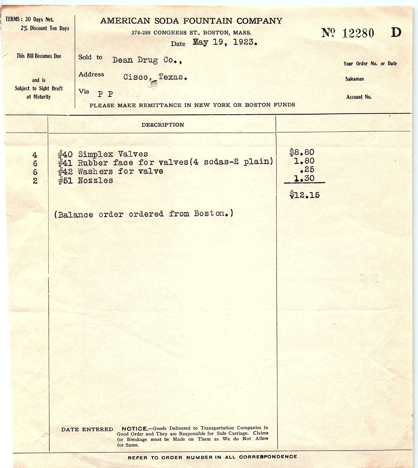 1923 American Soda Fountain Co. invoice, Cisco, TX 1923 American Soda Fountain Co. invoice, Cisco, TX