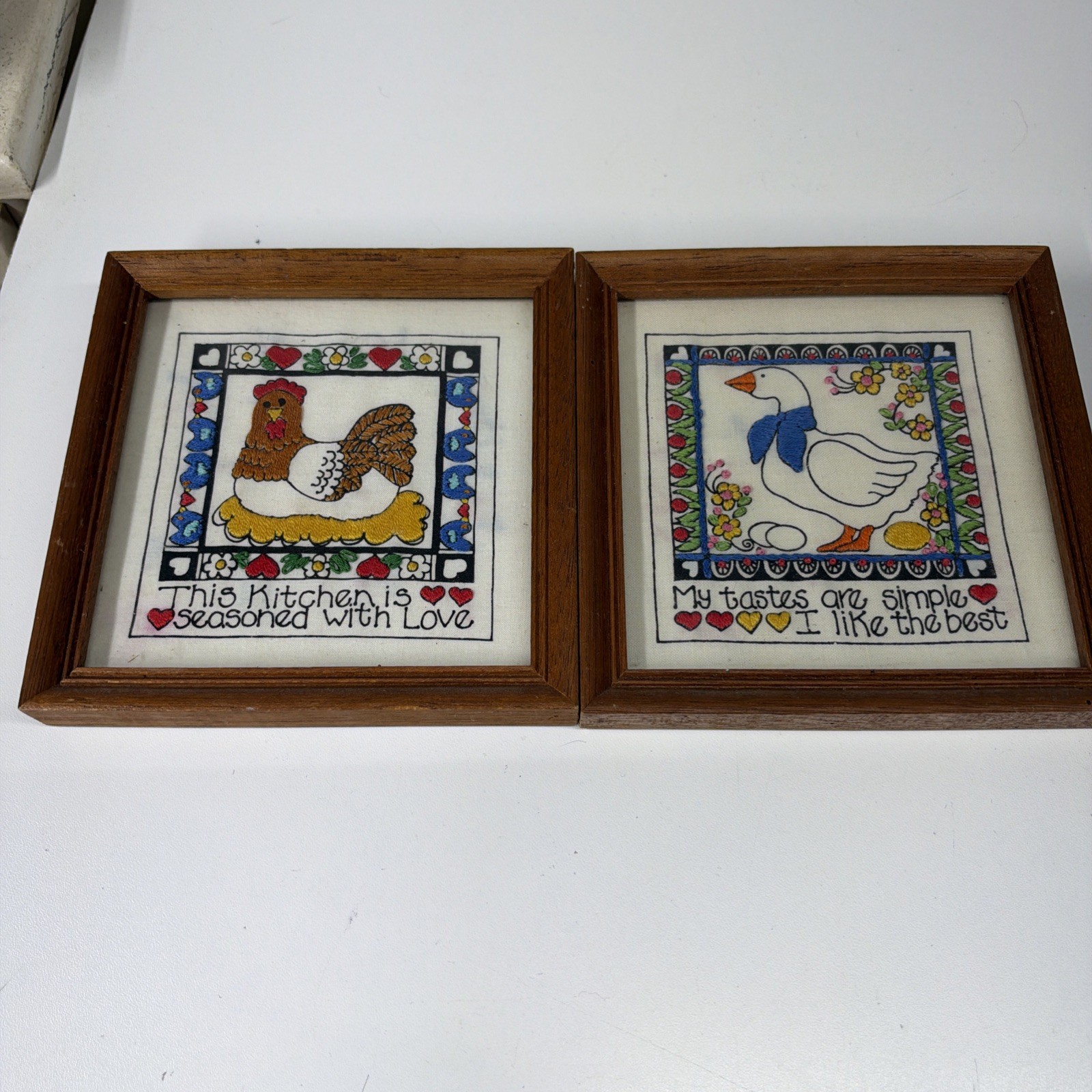 VTG 1983 Hand Embroidered Country Kitchen Wall Hangings Rooster Goose