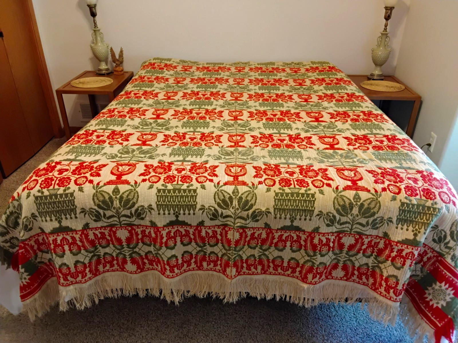 Antique Woven Coverlet, Red, Green, Beige Floral Urn Design, Center Seam Antique Woven Coverlet, Red, Green, Beige Floral Urn Design, Center Seam
