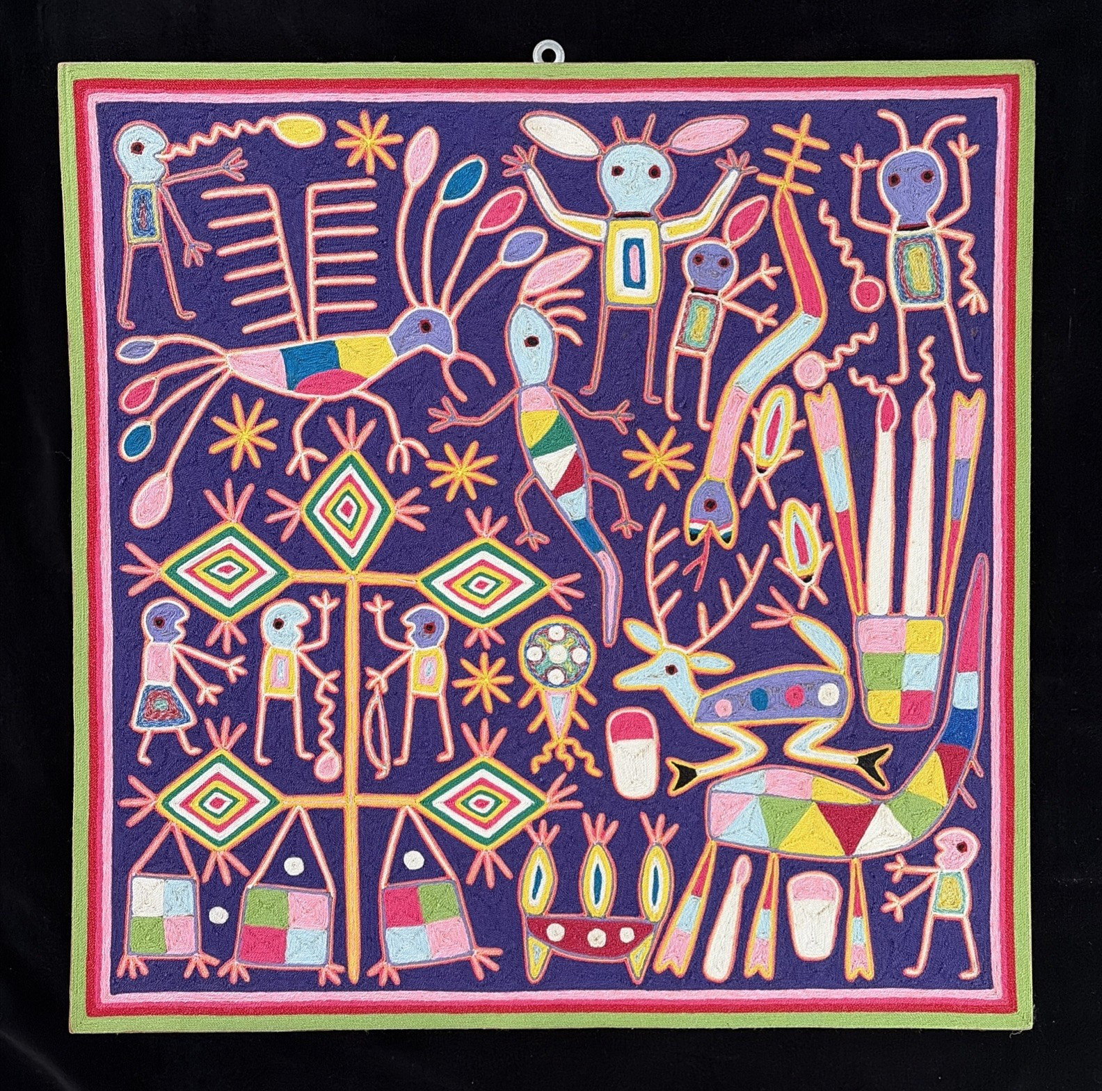 Vintage Huichol Yarn Painting by Cresencio Perez Robles 23.5" square