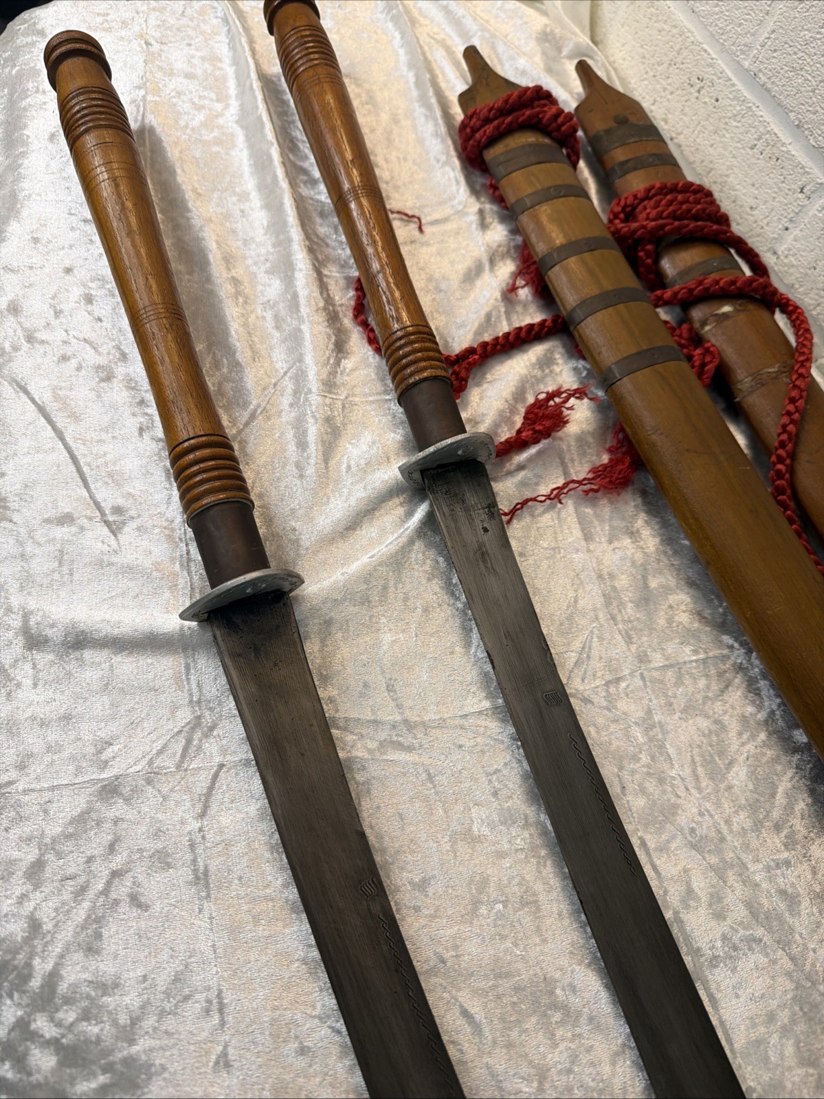 Vintage Pair of Thai Daab Dha Swords (Aranyik Markings)