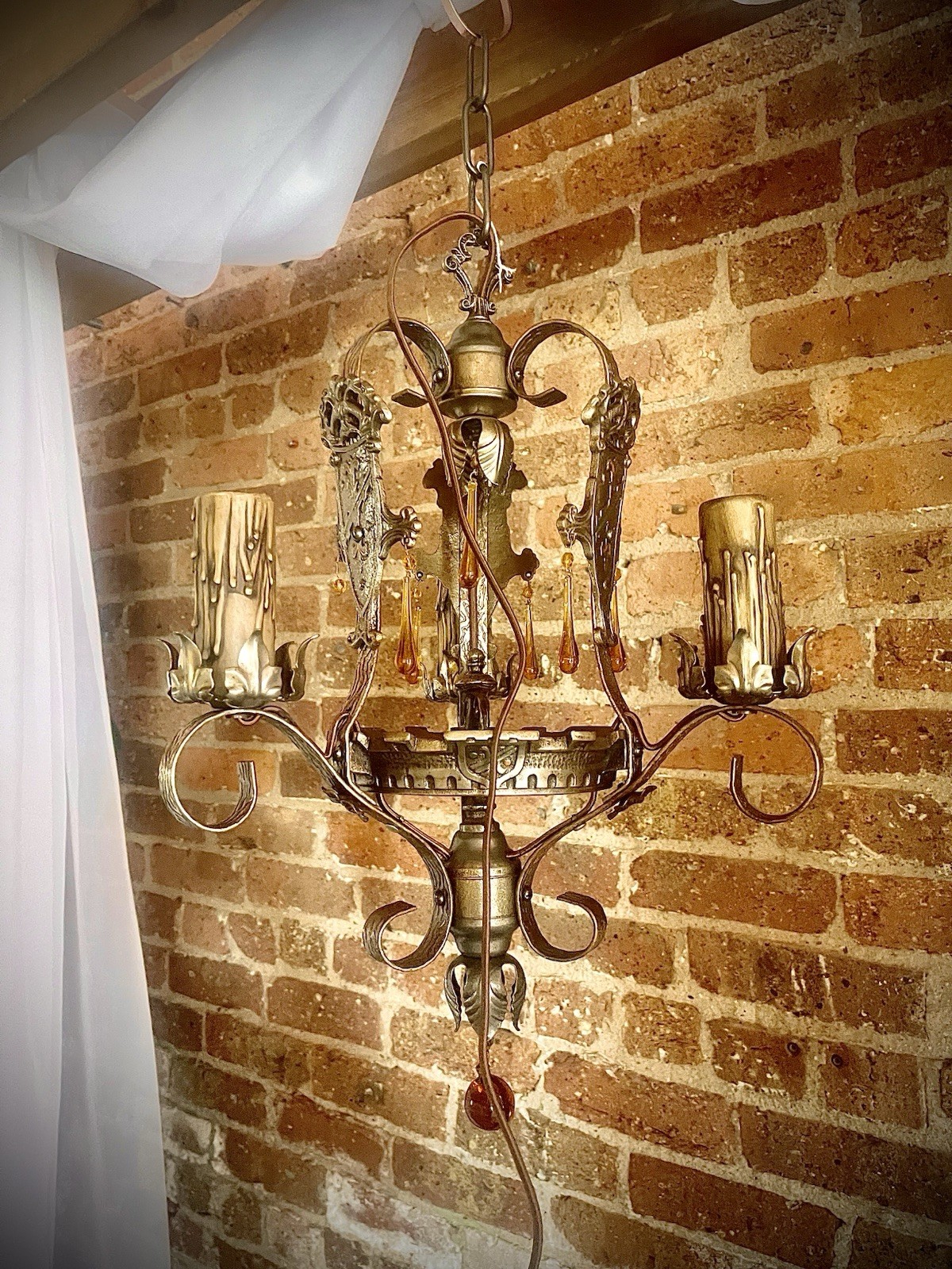 Vintage Wrought Iron Restored 1920's Gothic Ceiling 3 Light Fixture CHANDELIER Vintage Wrought Iron Restored 1920's Gothic Ceiling 3 Light Fixture CHANDELIER