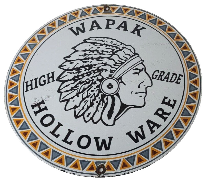 Vintage Wapak Hollow Ware Gasoline Sign - Indian Chief Gas Pump Porcelain Sign Vintage Wapak Hollow Ware Gasoline Sign - Indian Chief Gas Pump Porcelain Sign