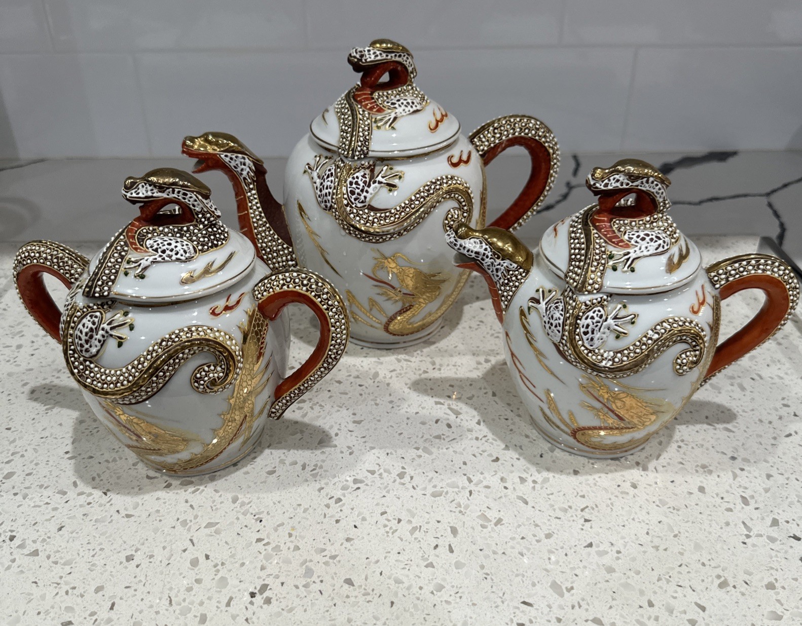 Kutani Japan Gold Dragon Ware White Dragon 5 Cup Teapot, Creamer and Sugar Bowl