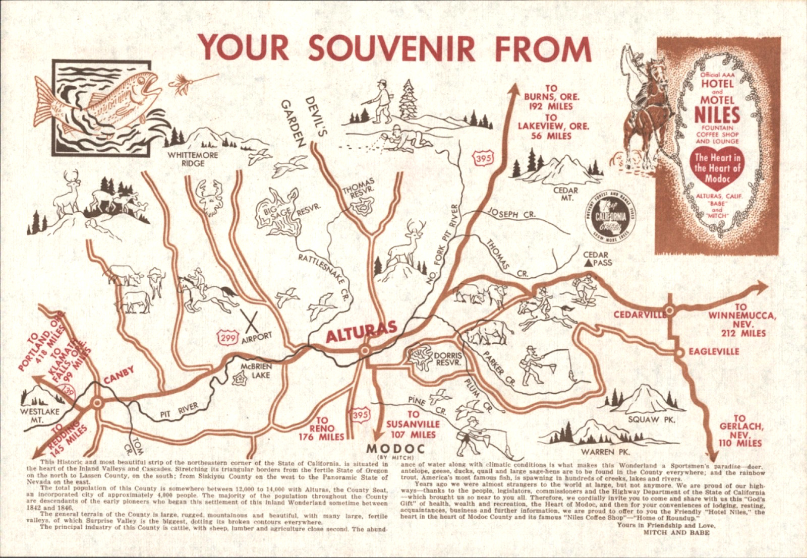 1960s ALTURAS, CALIFORNIA vintage paper placemat and map NILES MOTEL COFFEE SHOP 1960s ALTURAS, CALIFORNIA vintage paper placemat and map NILES MOTEL COFFEE SHOP