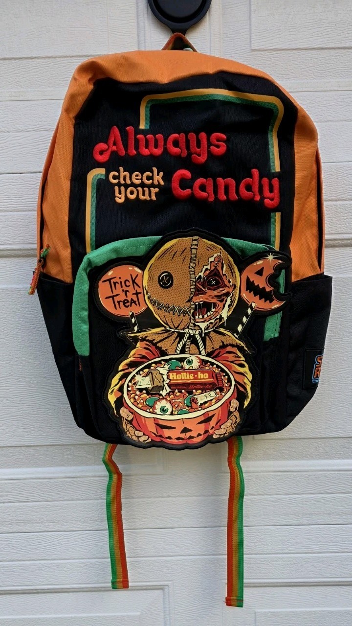 Sam Trick 'r Treat "ALWAYS CHECK YOUR CANDY" Steven Rhodes Backpack Spencers NEW Sam Trick 'r Treat "ALWAYS CHECK YOUR CANDY" Steven Rhodes Backpack Spencers NEW