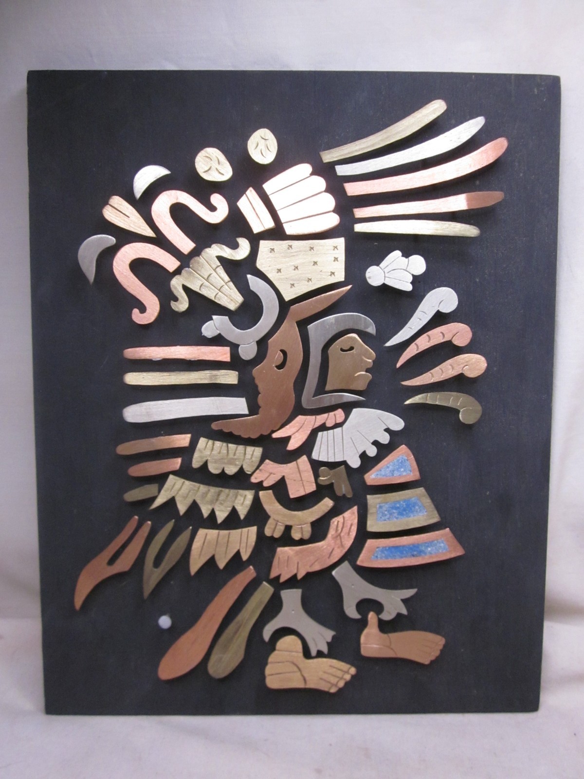 as-is vintage mixed metal Mexican inlay Aztec Mayn warrior wall plaque *NOTE