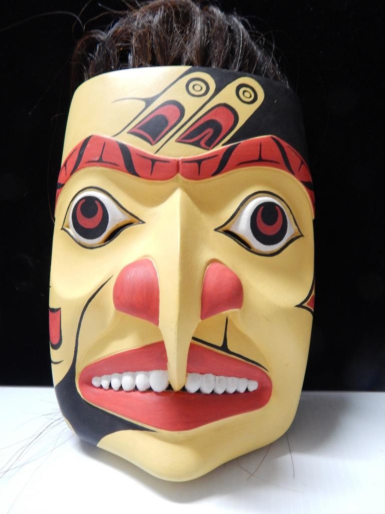 VINTAGE NW COAST HAND CARVED + PAINTED MASK - HORSEHAIR - CLEAN + NICE VINTAGE NW COAST HAND CARVED + PAINTED MASK - HORSEHAIR - CLEAN + NICE